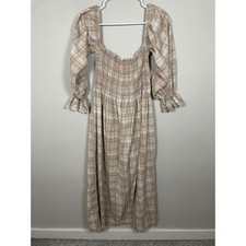 Nasty Gal Neutral Plaid Smocked Off Shoulder Maxi Dress Size 8 Fall