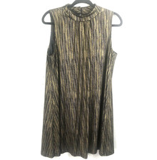 Tommy Hilfiger Dress Womens 12 Black Gold Metallic Striped Knit Retro Party