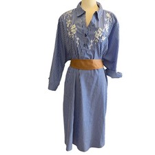 Mlle Gabrielle Shirt dress size 3X blue white stripe embroidered flowers 1/4 but