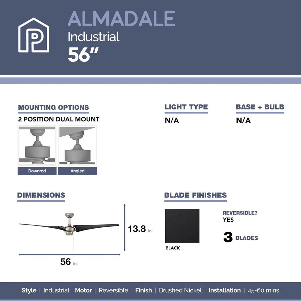 Almadale 56 Inch Contemporary Indoor Ceiling Fan with No Light Pull Chain Mod... - Image 3 of 4