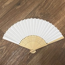 Vtg Folding Hand Fan Light Brown Bamboo Wood  White Paper 14  W x 8  H