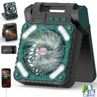 Solar Powered Cold Air Fan, Portable Rechargeable, Outdoor Floor Fan with Light