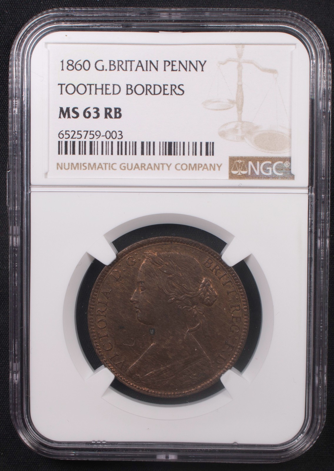 G.BRITAIN 1860 PENNY***NGC MS63 RB***TOOTHED BORDERS