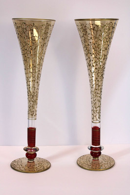 Pier 1 Rioja Champagne Flute Ruby Red Stem Intricate Gold Scroll 11'' x2