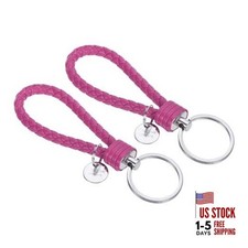 Braided Leather Keychain with Stainless Steel Key Ring Sleeves, PU Rose Red