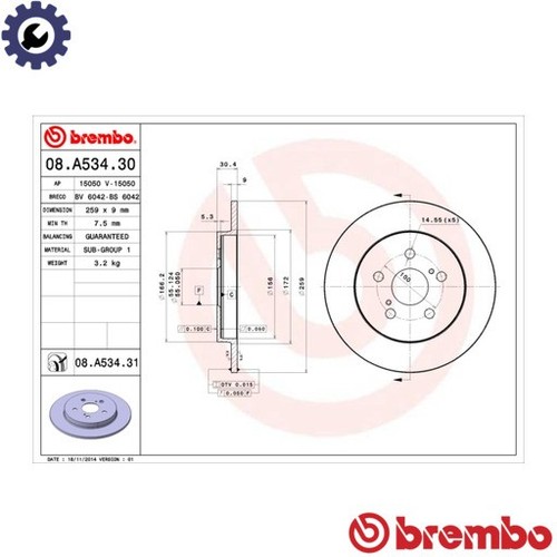 2x BRAKE DISC 08.A534.31 FOR TOYOTA PRIUS/PHV MATRIX COROLLA VERSO SUBARU