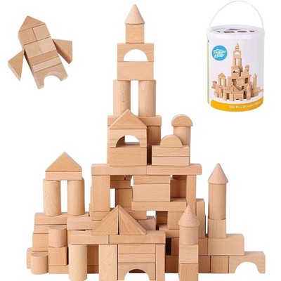 Wooden Blocks - 100 Pcs - Building Blocks for Toddlers - Includes Storage Con