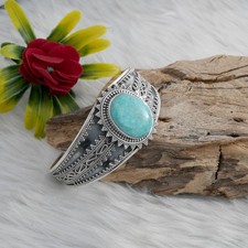 Sterling Silver Natural Turquoise Bangle Adjustable - Gemstone Jewelry handmade