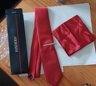 Neu, Hisdern, Krawatte, Einstecktuch, Silberfarbene Krawattennadel, Rot 