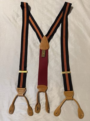 Trafalgar Silk Suspenders Black/Copper Striped Brass Vintage Braces Leather