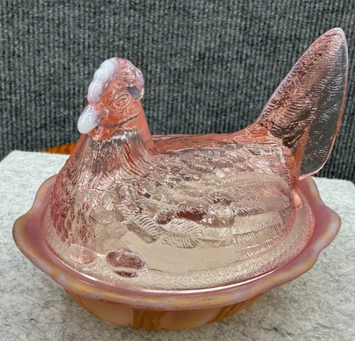 Vintage Fenton Pink Opalescent Split tail Hen On Nest Covered Dish 1990s Mark 9