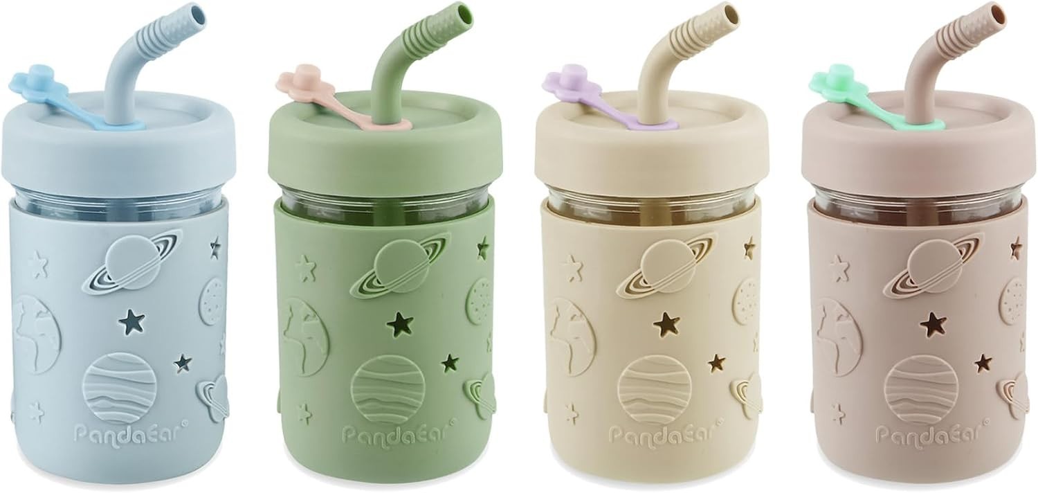 Glass Cups with Silicone Lids and Straws (4 Pcs), 8,45oz Drinking Glasses Set w.