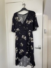 Dorothy Perkins Size 16 Black Mock Wrap Dress With White Flowers With Tie