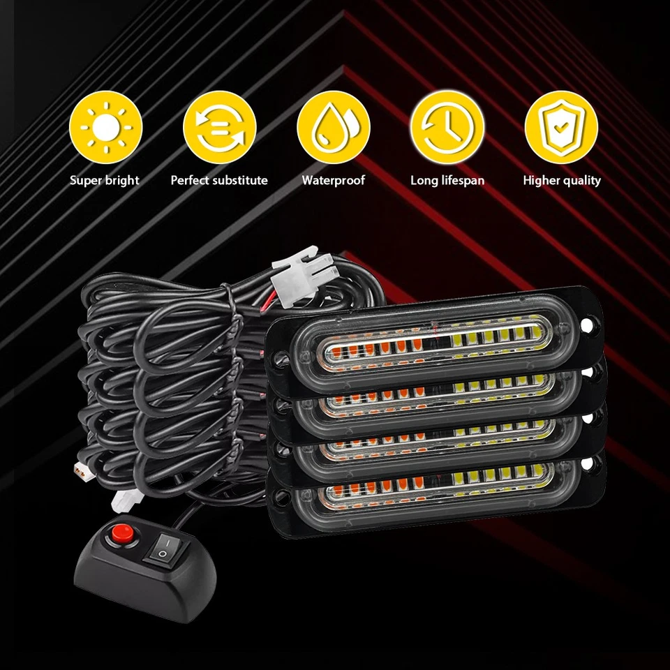 4X Amber White Front 12LED Grille Light Bar Flash Emergency Strobe Warning Light - Image 4 of 4