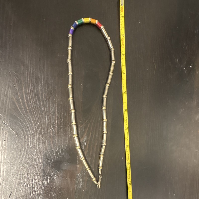 Silver Tone Metal Tube Bead Necklace Multicolor Beads Hook Clasp 10 in