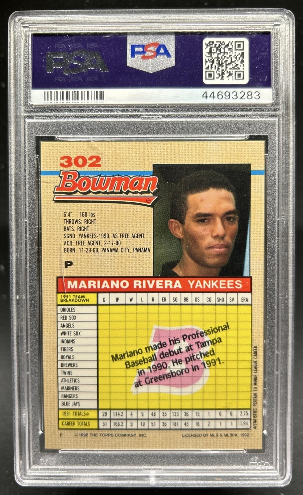 1992 Bowman Mariano Rivera Rookie RC #302 New York Yankees PSA 6 view 2