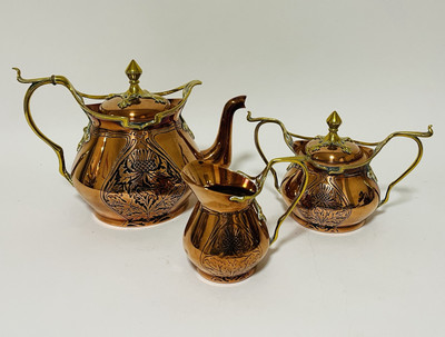 Original antikes Jugendstil Kupfer & Messing Teeservice von Carl Deffner Esslingen