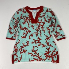 J. McLaughlin Sweater Soft Tunic Womens Medium Green V Neck Floral 3/4 Sleeve