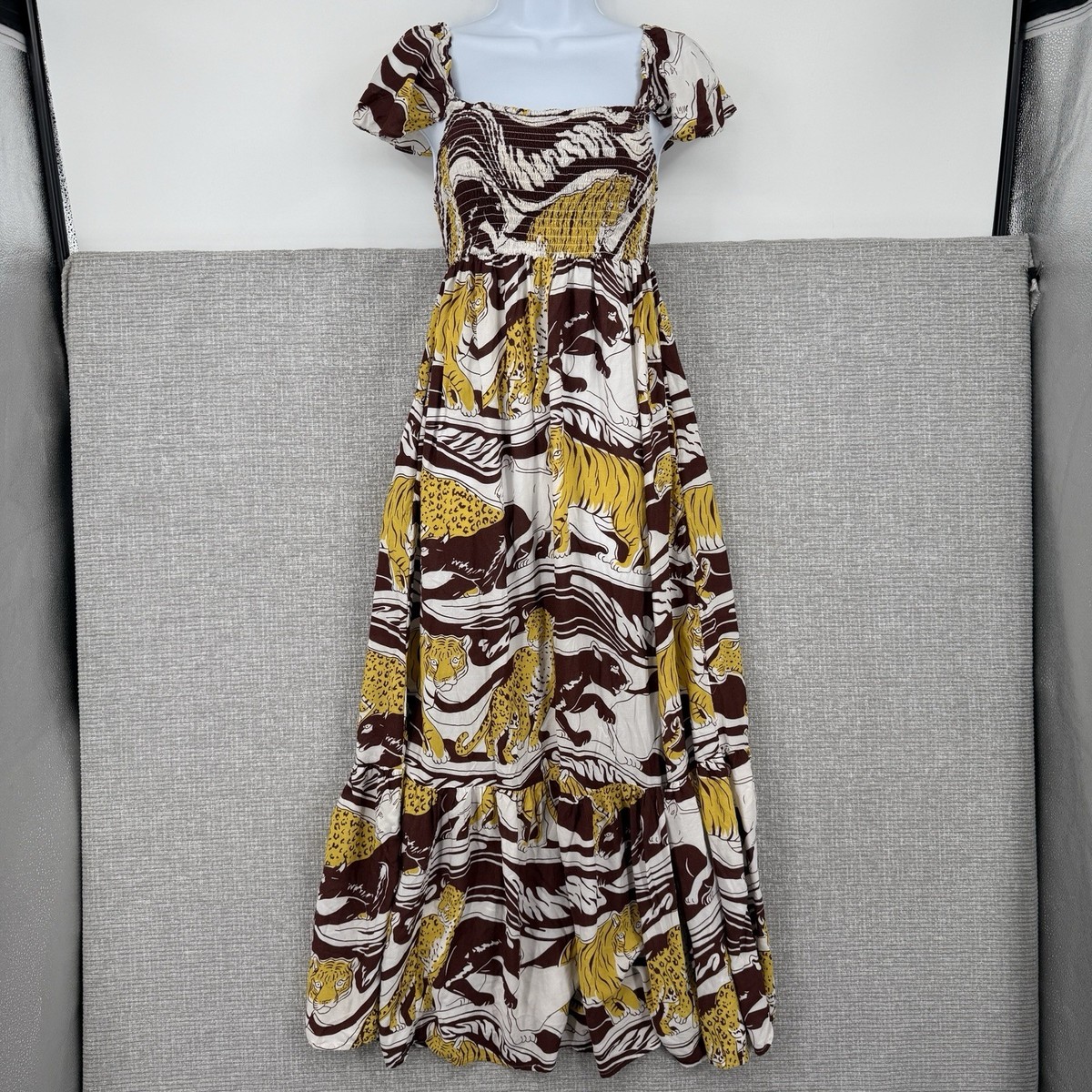 Anthropologie Panther Ruffled Maxi Dress Size XS Boho Cottage Fairy Animal  Funky | eBay