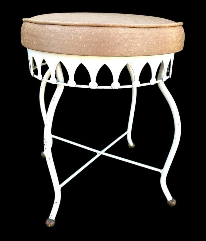 Taburete de tocador glamoroso Mid Century Thinline hierro forjado patas blancas asiento beige Foto 2 de 4