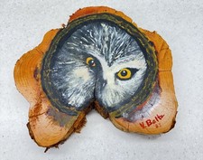 Vintage Owl Art Wood Slice Wall Art Plaque Slab Wooden Hand Painted 9in