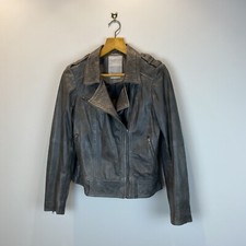 Yaya Women Real Leather Biker Jacket Uk 10 S Grey Distressed Soft Y2k