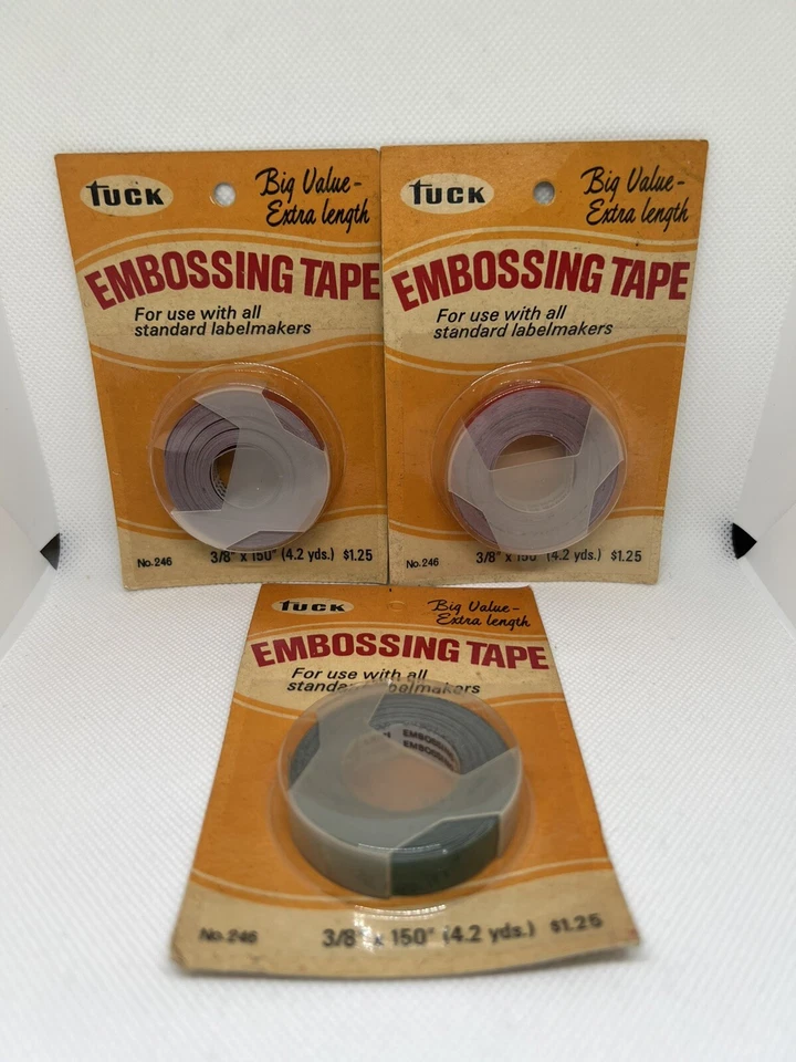 3 RARE NOS TUCK Embossing Tape Rolls 3/8” x 150” (4.2yds) ENGLAND #246-2red 1Grn - Image 2 of 4