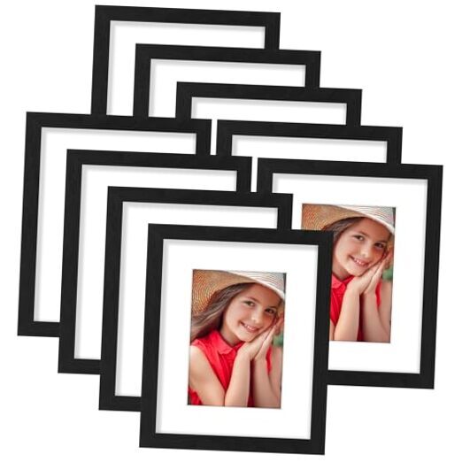 Picture Frames Set of 9, Display 5x7 Pictures with Mat or without 8x10 Black-image
