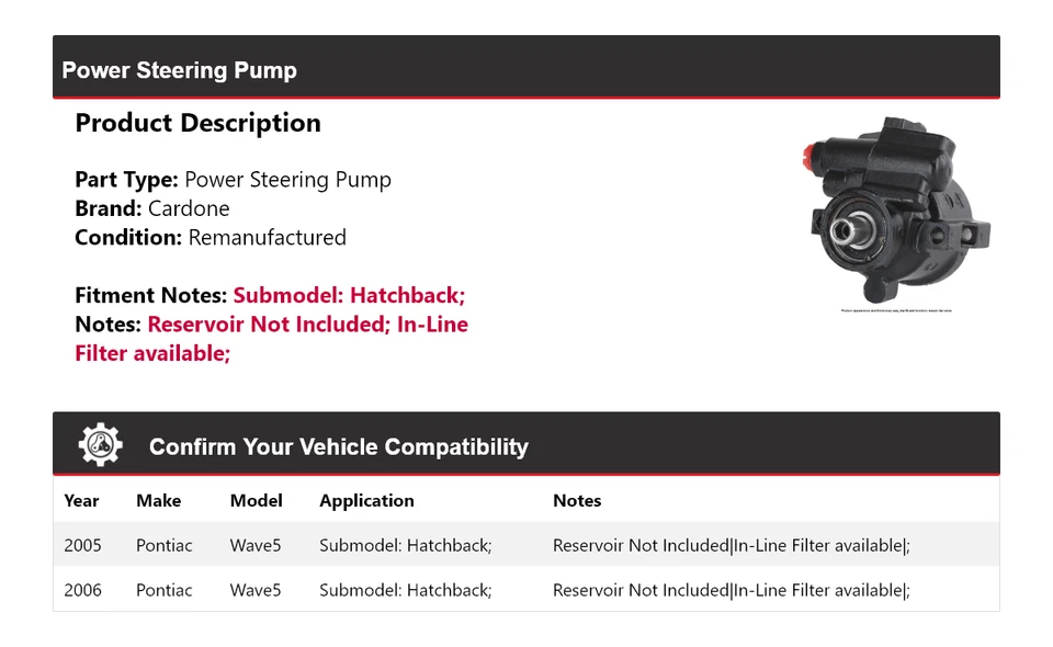 Bomba de dirección asistida Cardone para Pontiac Wave5 2005-2006 hatchback Foto 2 de 4