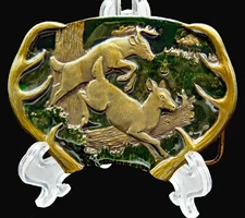Running Buck Doe Deer Antlers Bergamot Brass Works Vintage Belt Buckle
