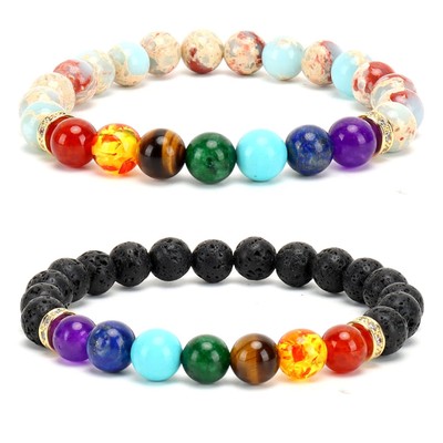 2pcs lava rock 7 chakra healing bracelet Handmade Jewelry Gifts for men women 8m