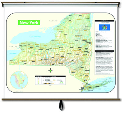 New York Large Scale Shaded Relief Wall Map on Roller with Backboard