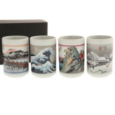 SET of 4 Japanese Porcelain Sushi Tea Cup Yunomi Hiroshige Tokaido JAPAN MADE
