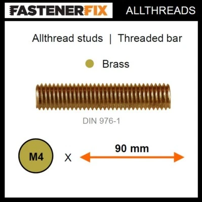 FASTENERFIX M4 x 90 mm allthread brass studs, threaded bar to DIN 976-1 (50 pack)