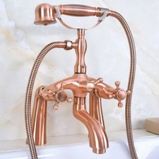Antique Red Copper Deck-Mount Bathroom Bathtub Faucet Set Hand Shower Tap 2na153