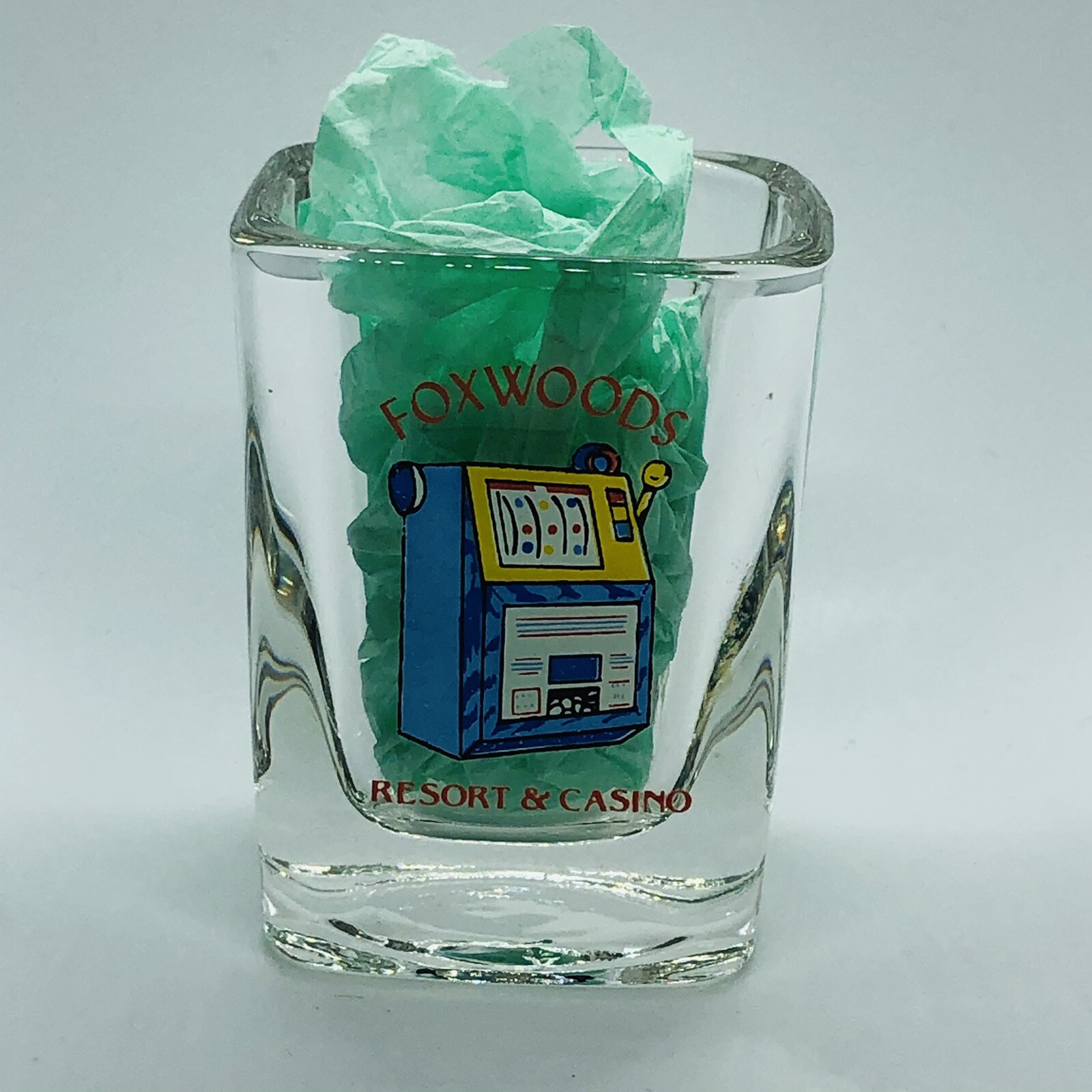 Foxwoods Resort Casino Souvenir Square Shot Glass w/ Slot Machine