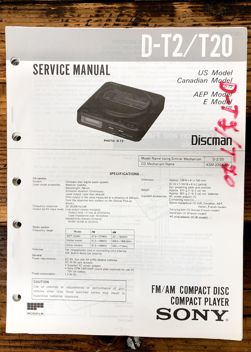 SONY ソニー CD Diskman D-T20 Sony D-T20 Discman Radio CD Player Manual | HiFi Engine