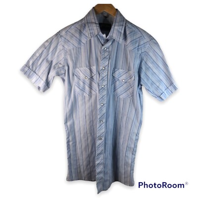White Horse Pearl Snap Button Up Short Sleeve Shirt Size Medium Blue Striped