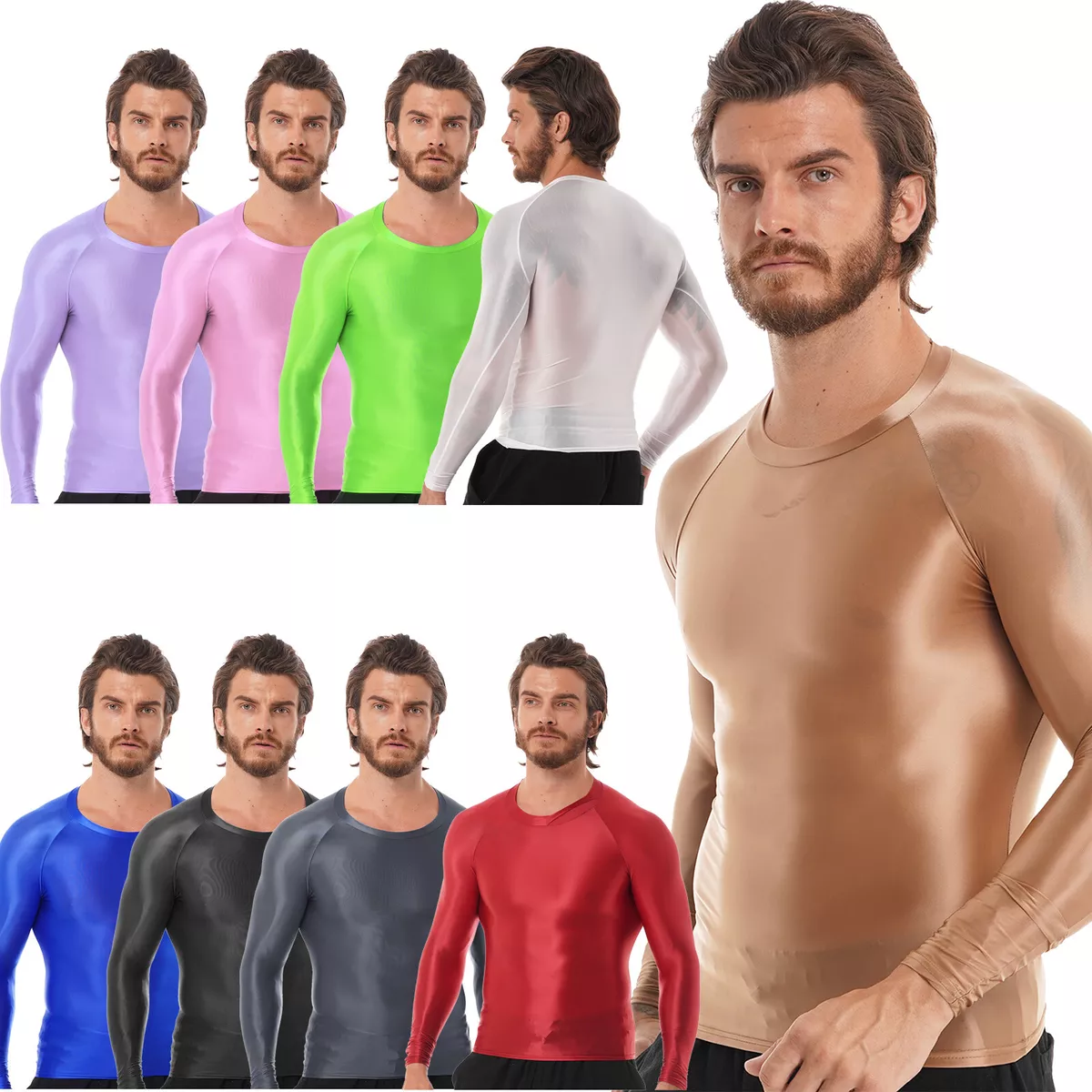 | eBay Tops T-Shirt Shirt Muskelshirt Fit Glänzend Nylon Langarm Unterhemd Herren Slim