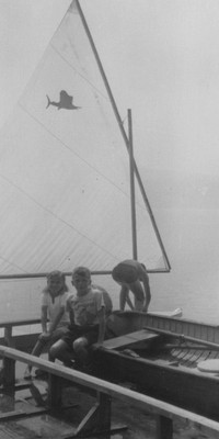 1940s Two Boys Sailing Boat Dock Lake Childhood Adventure Sail Boat