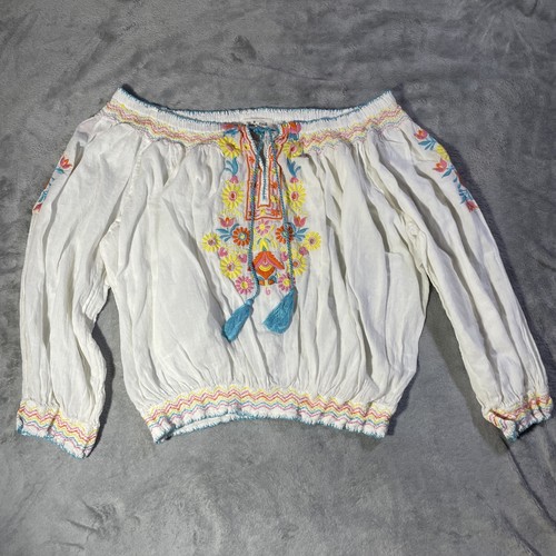 Cousin Earl Womens L White Tunic Top Embroidered Tassels Boho Gauzy