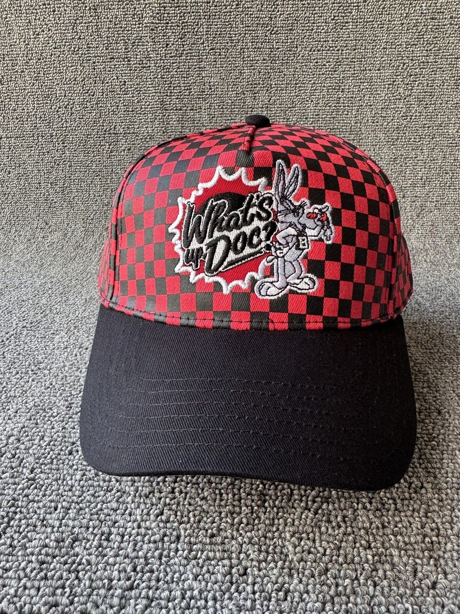 Looney Tunes Bugs Bunny Snapback Hat Red Black Checkerboard Cap