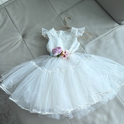 Monnalisa Girls 6 White Tulle Tutu Dress Floral Waist Cap Sleeve Zip Party
