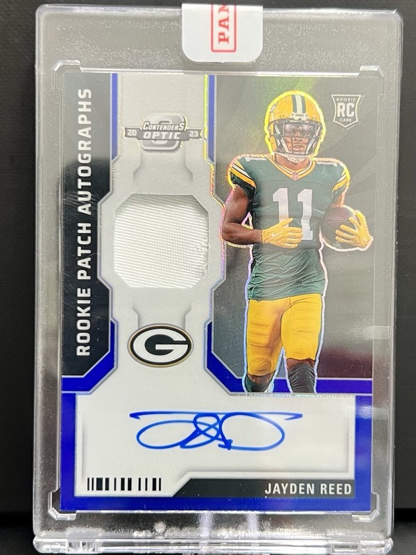 JAYDEN REED PACKERS 2023 CONTENDERS OPTIC ROOKIE PATCH AUTO CARD /50
