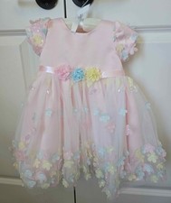 Rare Editions Pink Flower Girl Dress 6-9M Tulle Overlay Bow Back Headband