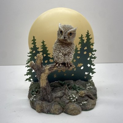Vintage Resin Owl Nature Scene Statue  Full Moon Lamp Light -Needs Light Bulb