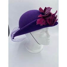 VTG Michael Howard Wool Felt Hat Derby Church Purple Floral Veil Cloche USA Made