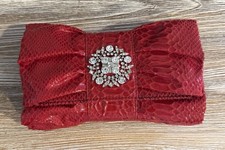 IMAN Ruffle Clutch Red Purse With Shoulder Strap And Rhinestone Snap Closure