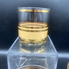 Set Of 4 MCM Georges Briard Gold and Beige Bands Doubles Rocks Glasses
