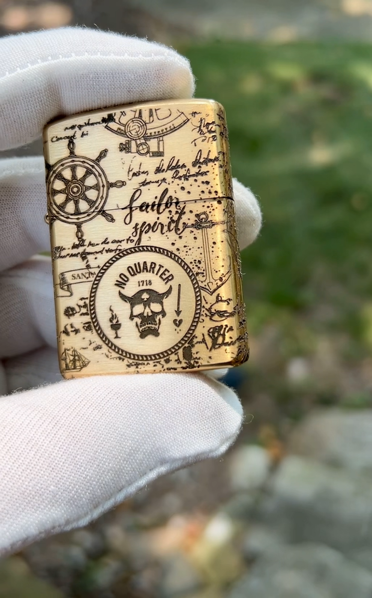Blackbeard Flag Brass Armor Zippo | 4-Sided Deep Engraving